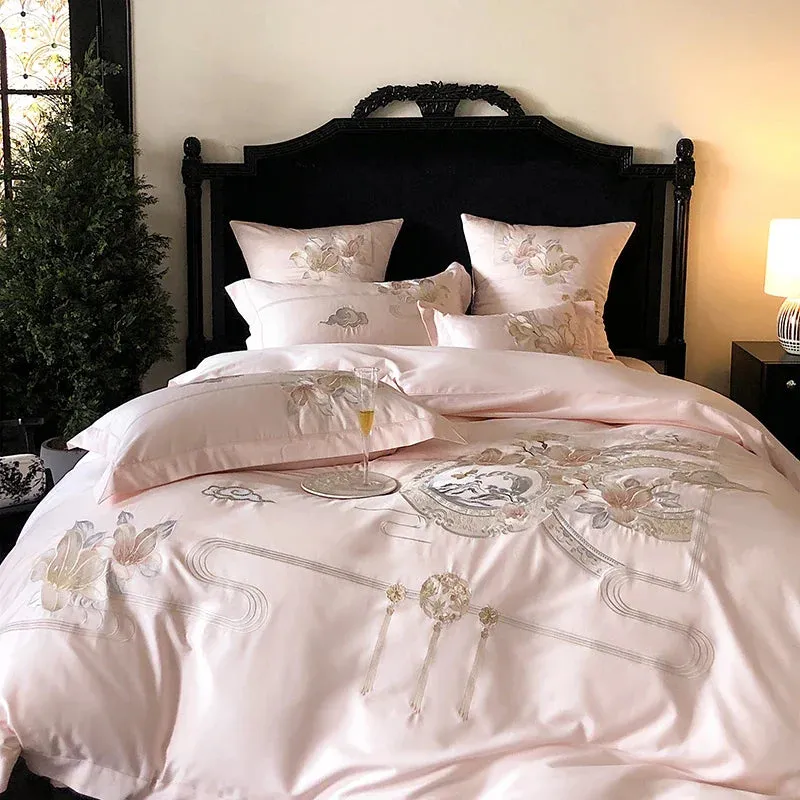 Flytonn-Pink Chinese Style Flowers Bird Embroidery Luxury Bedding Set 1000TC Egyptian Cotton Duvet Cover Bed Sheet Pillowcases 4/5Pcs