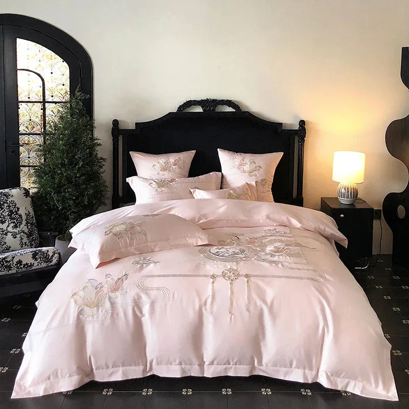 Flytonn-Pink Chinese Style Flowers Bird Embroidery Luxury Bedding Set 1000TC Egyptian Cotton Duvet Cover Bed Sheet Pillowcases 4/5Pcs