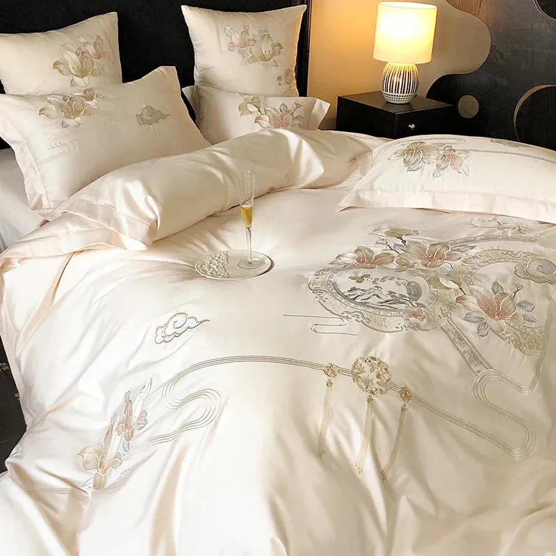 Flytonn-Pink Chinese Style Flowers Bird Embroidery Luxury Bedding Set 1000TC Egyptian Cotton Duvet Cover Bed Sheet Pillowcases 4/5Pcs