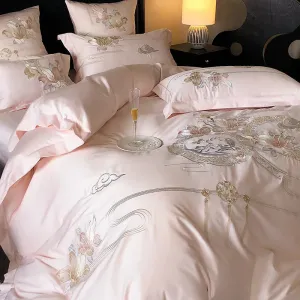 Flytonn-Pink Chinese Style Flowers Bird Embroidery Luxury Bedding Set 1000TC Egyptian Cotton Duvet Cover Bed Sheet Pillowcases 4/5Pcs