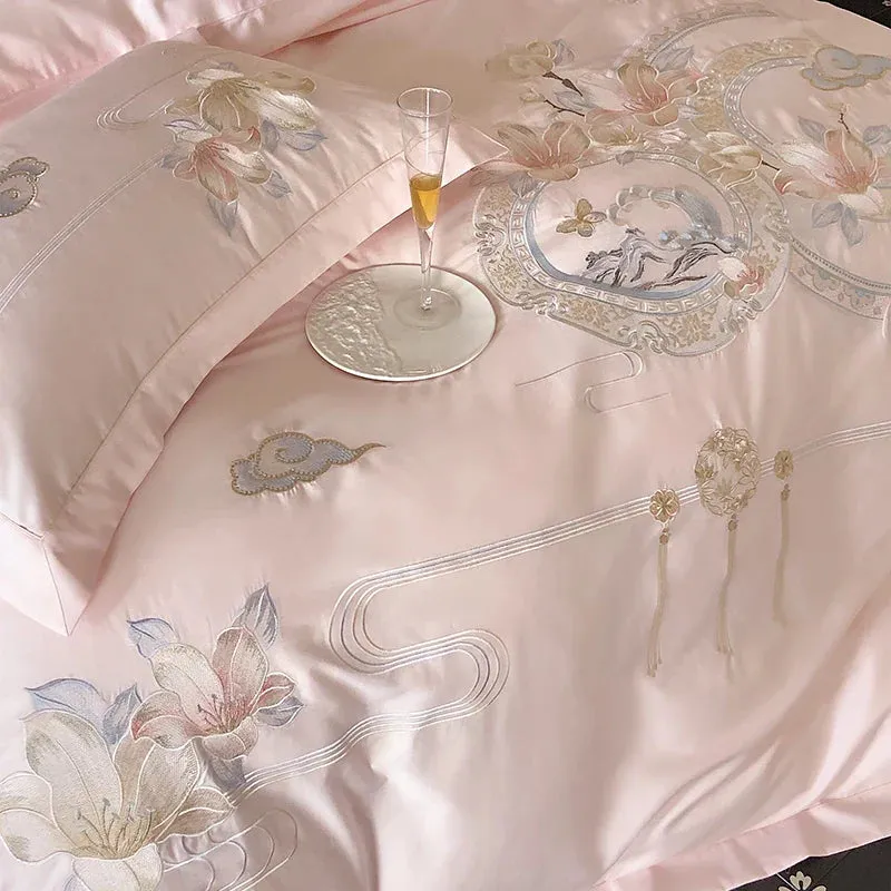 Flytonn-Pink Chinese Style Flowers Bird Embroidery Luxury Bedding Set 1000TC Egyptian Cotton Duvet Cover Bed Sheet Pillowcases 4/5Pcs