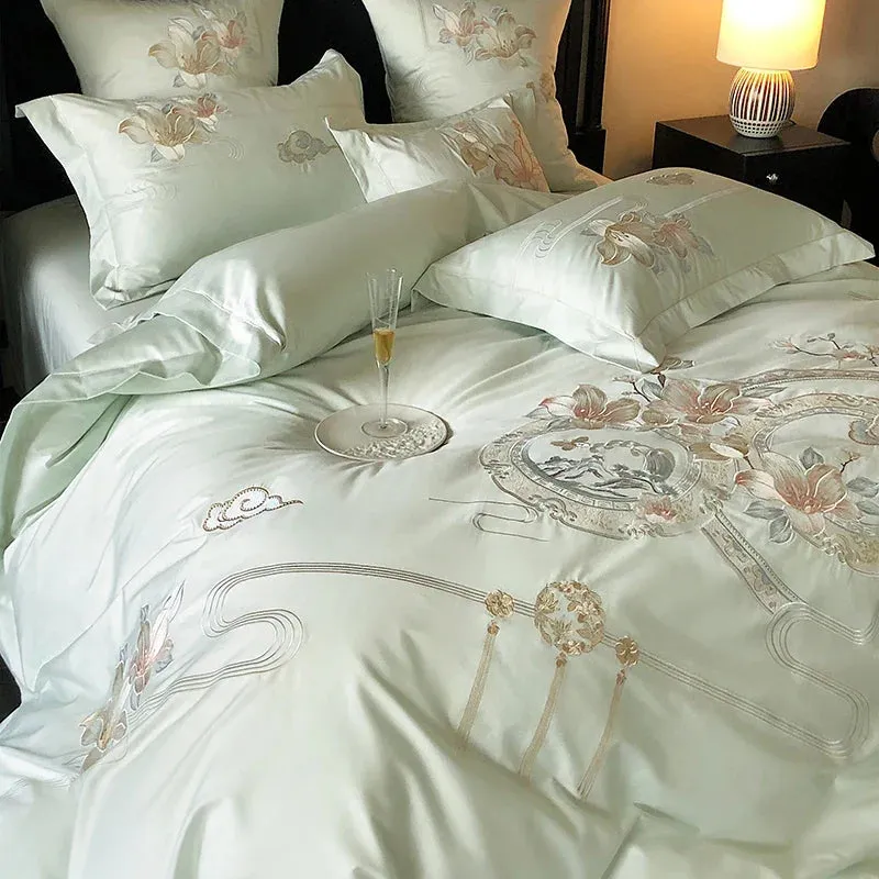 Flytonn-Pink Chinese Style Flowers Bird Embroidery Luxury Bedding Set 1000TC Egyptian Cotton Duvet Cover Bed Sheet Pillowcases 4/5Pcs
