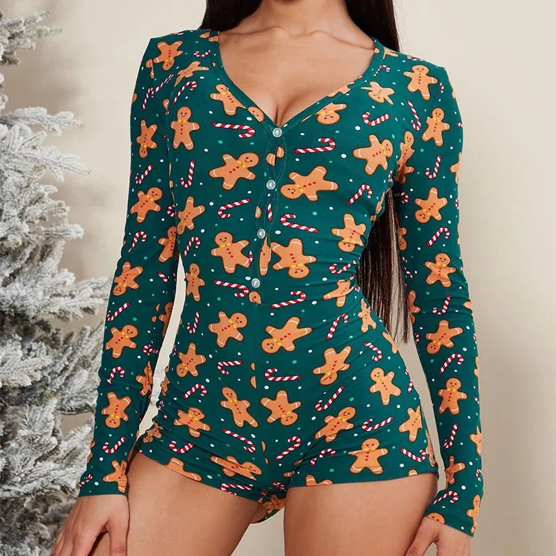 Flytonn-Women Christmas Tight Jumpsuit Sexy Long  Sleeve V-neck Single Breasted High Waist Festive Playsuits 00s Vintage Graphic Print