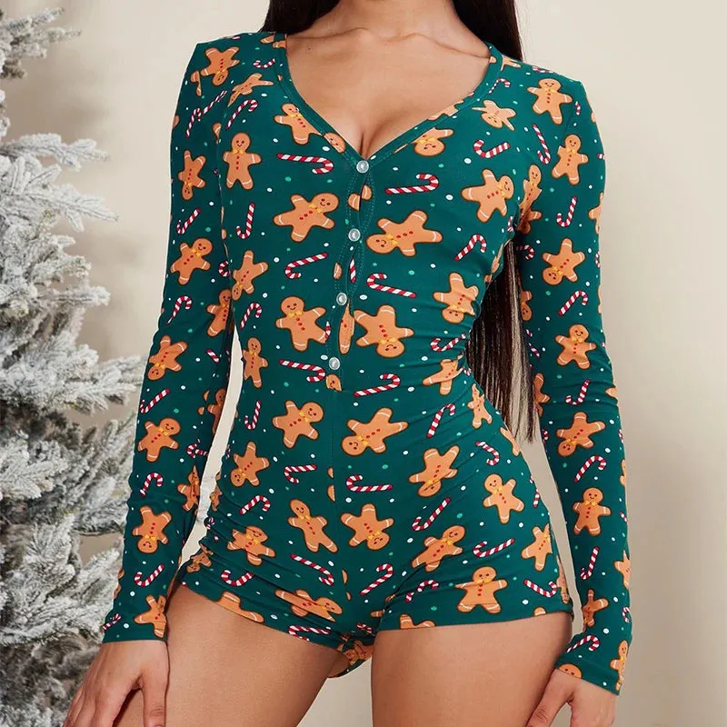 Flytonn-Women Christmas Tight Jumpsuit Sexy Long  Sleeve V-neck Single Breasted High Waist Festive Playsuits 00s Vintage Graphic Print