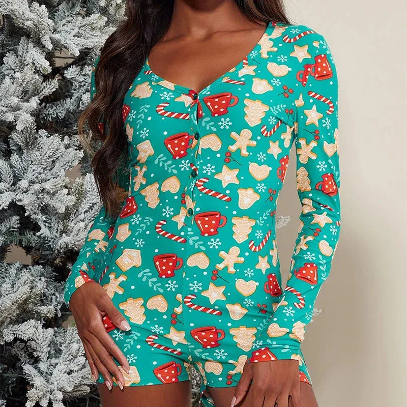 Flytonn-Women Christmas Tight Jumpsuit Sexy Long  Sleeve V-neck Single Breasted High Waist Festive Playsuits 00s Vintage Graphic Print
