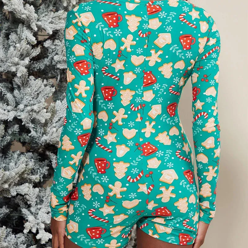 Flytonn-Women Christmas Tight Jumpsuit Sexy Long  Sleeve V-neck Single Breasted High Waist Festive Playsuits 00s Vintage Graphic Print