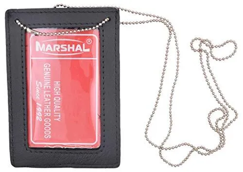 Genuine Leather Neck Chain Double ID Badge Holder, Black 2536TABK
