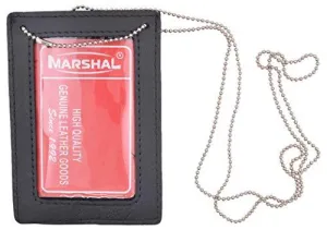 Genuine Leather Neck Chain Double ID Badge Holder, Black 2536TABK