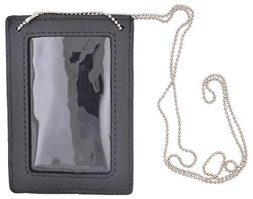 Genuine Leather Neck Chain Double ID Badge Holder, Black 2536TABK