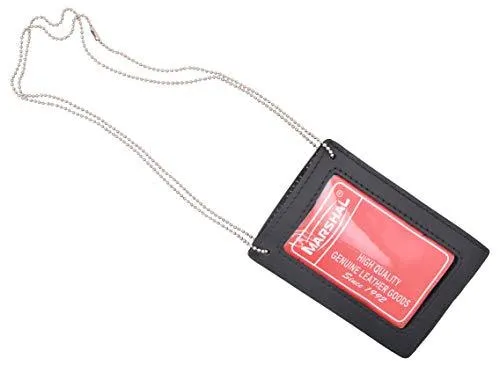 Genuine Leather Neck Chain Double ID Badge Holder, Black 2536TABK