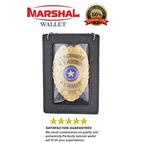 Genuine Leather Neck Chain Double ID Badge Holder, Black 2536TABK