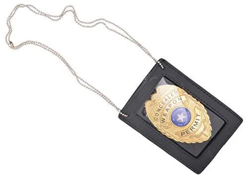 Genuine Leather Neck Chain Double ID Badge Holder, Black 2536TABK