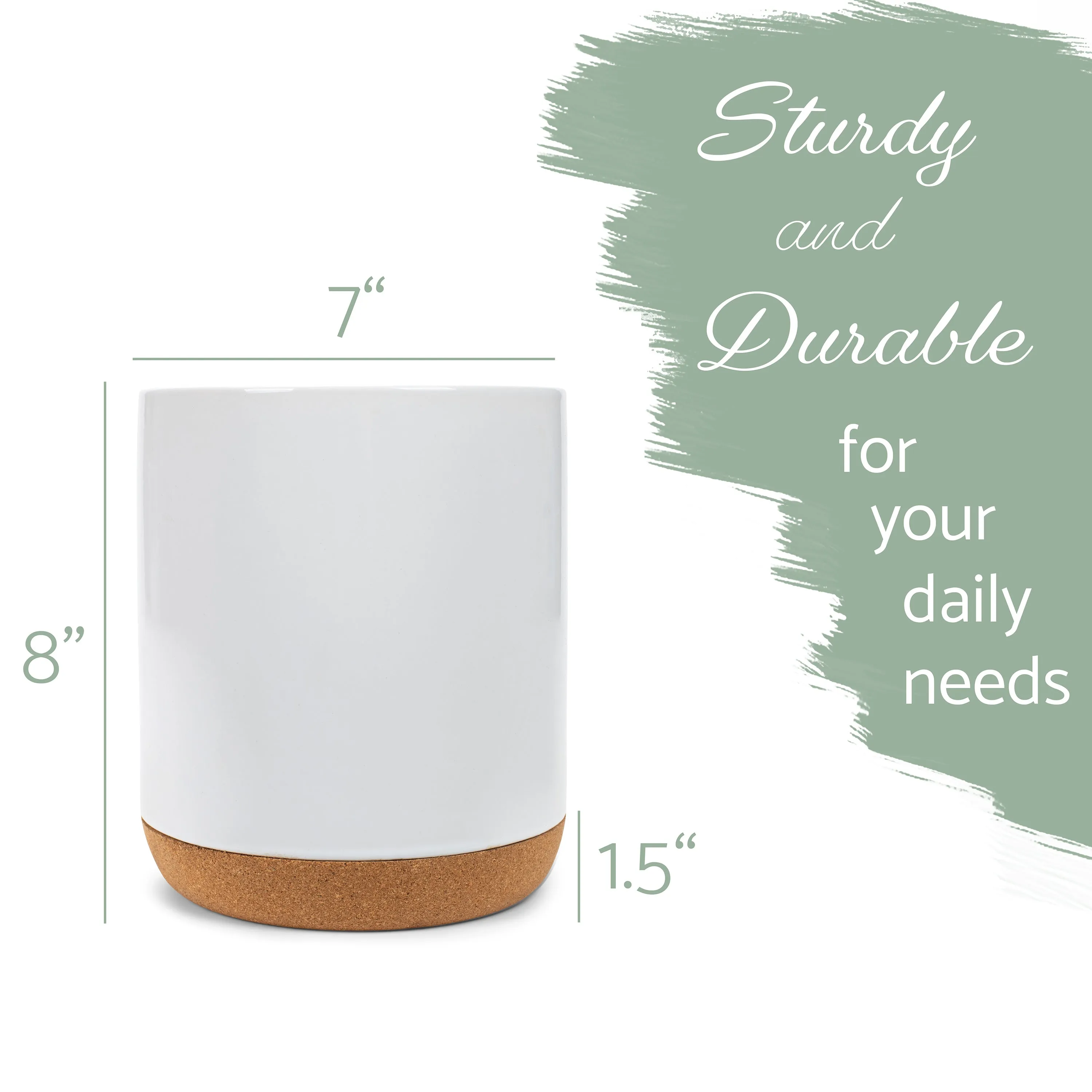 Glossy X-Large Ceramic Stoneware Cork Bottom Kitchen Utensil Holder, White