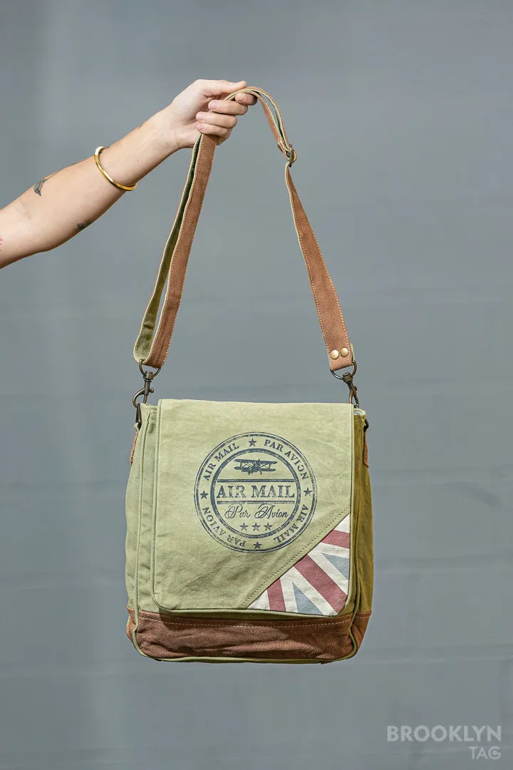 Green Crossbody Canvas Bag with Red Stripes
