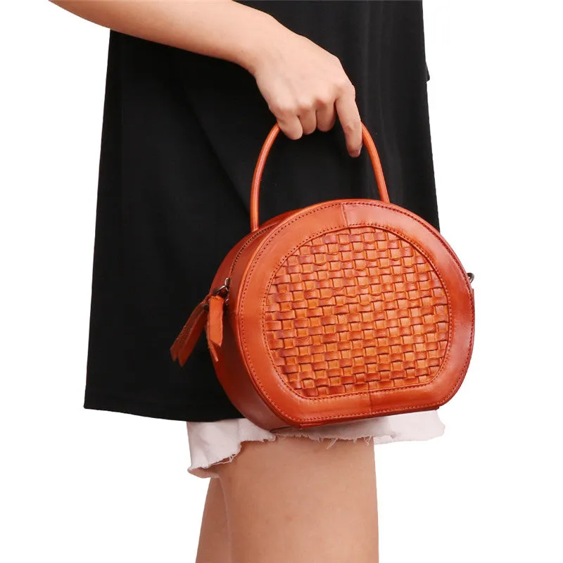 Handmade Womens Braided Round Leather Cross Shoulder Bag Side Bag for Womens