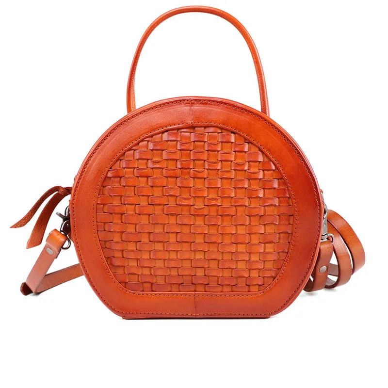 Handmade Womens Braided Round Leather Cross Shoulder Bag Side Bag for Womens