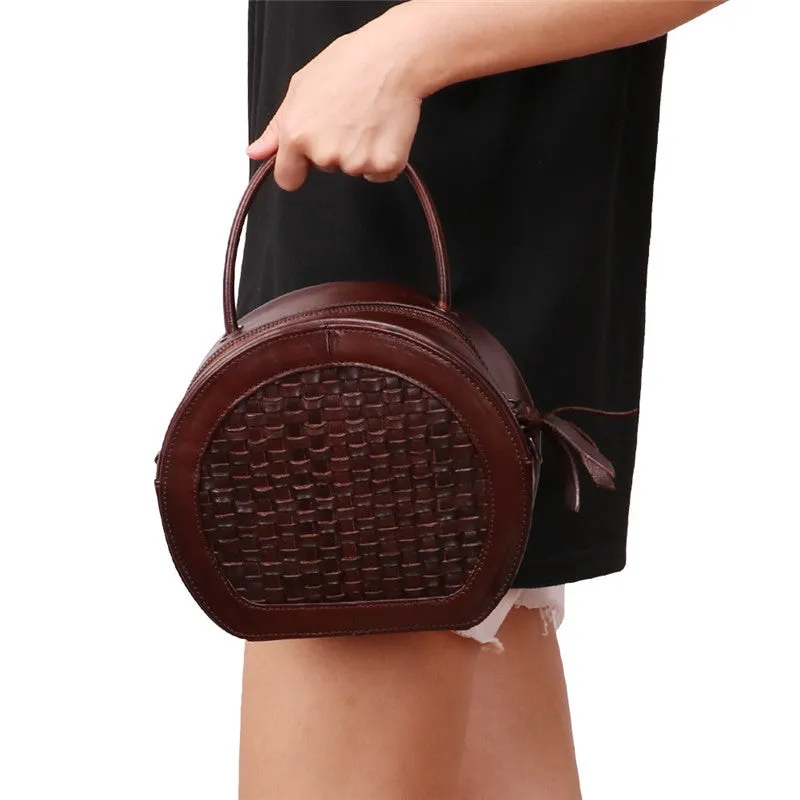 Handmade Womens Braided Round Leather Cross Shoulder Bag Side Bag for Womens