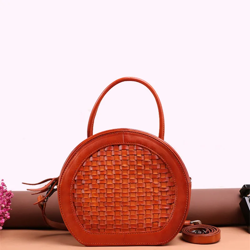Handmade Womens Braided Round Leather Cross Shoulder Bag Side Bag for Womens