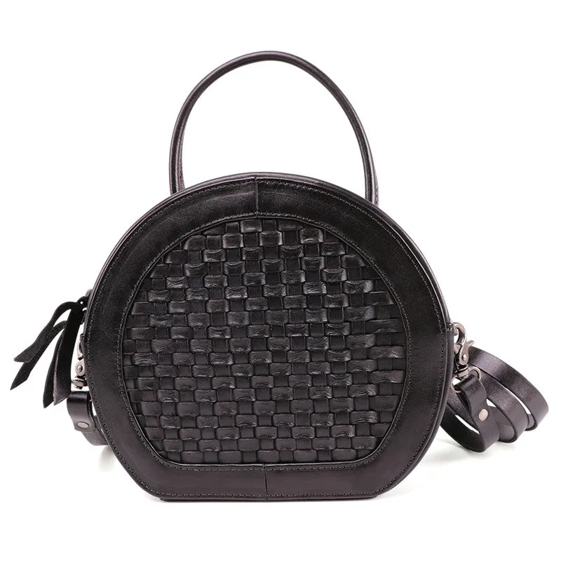Handmade Womens Braided Round Leather Cross Shoulder Bag Side Bag for Womens