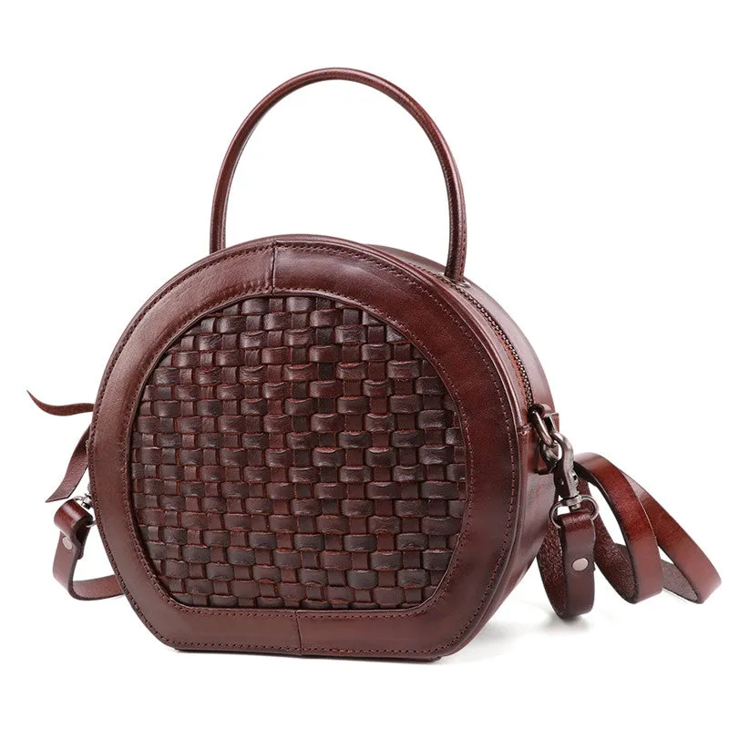 Handmade Womens Braided Round Leather Cross Shoulder Bag Side Bag for Womens