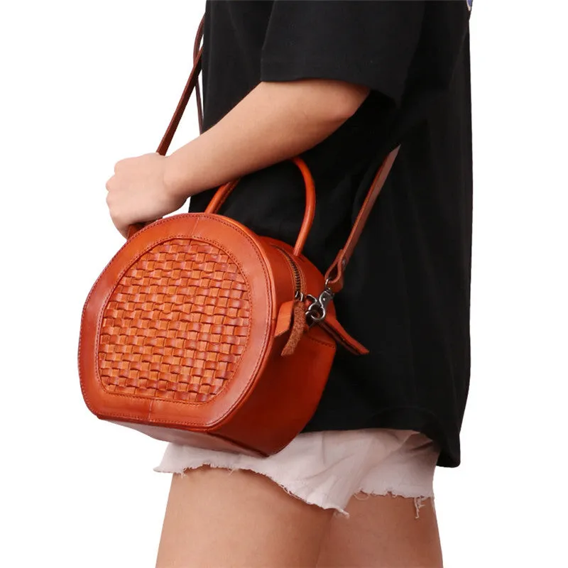 Handmade Womens Braided Round Leather Cross Shoulder Bag Side Bag for Womens