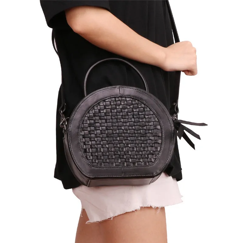 Handmade Womens Braided Round Leather Cross Shoulder Bag Side Bag for Womens