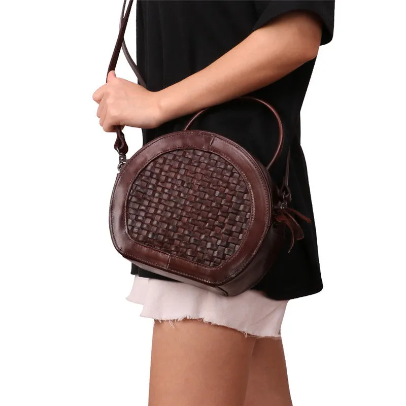 Handmade Womens Braided Round Leather Cross Shoulder Bag Side Bag for Womens