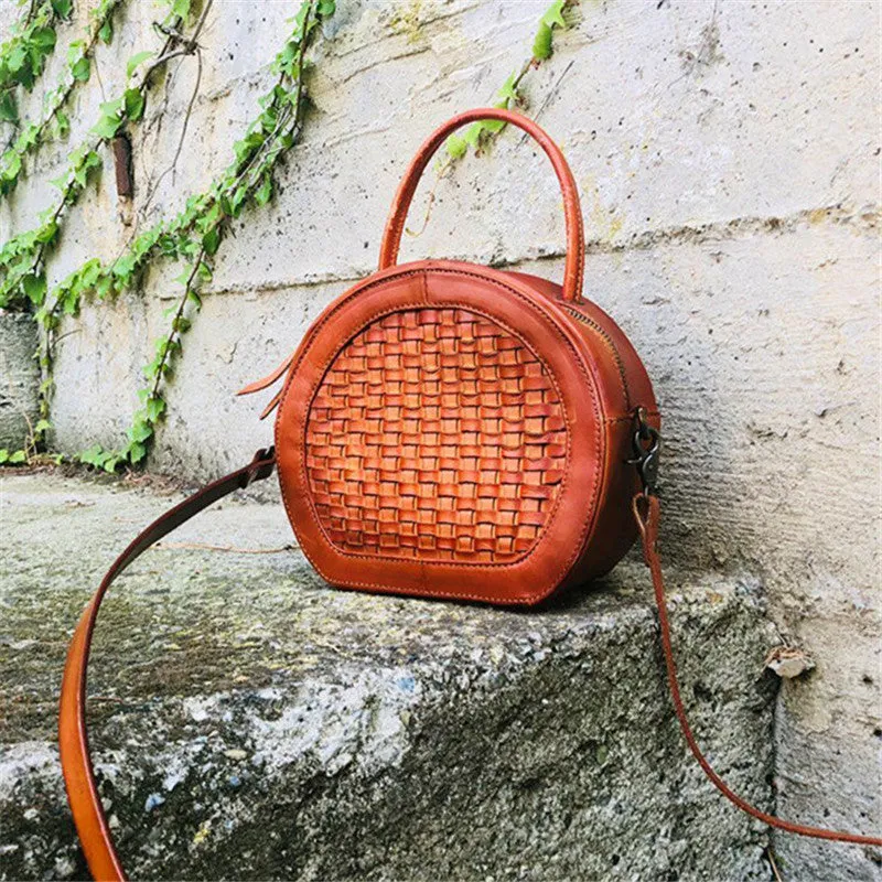 Handmade Womens Braided Round Leather Cross Shoulder Bag Side Bag for Womens