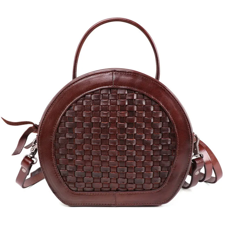 Handmade Womens Braided Round Leather Cross Shoulder Bag Side Bag for Womens