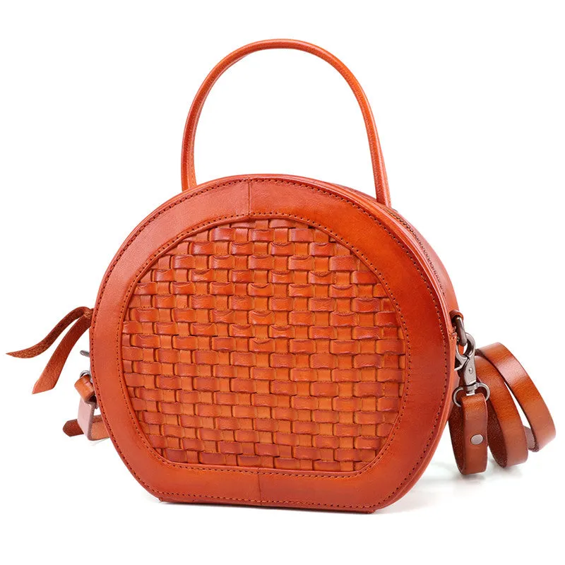 Handmade Womens Braided Round Leather Cross Shoulder Bag Side Bag for Womens