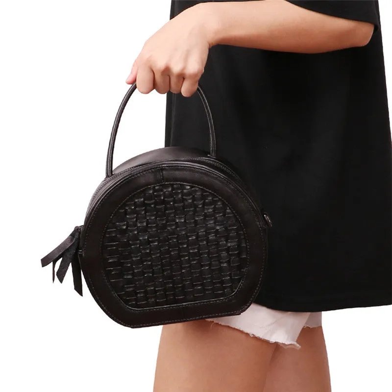 Handmade Womens Braided Round Leather Cross Shoulder Bag Side Bag for Womens