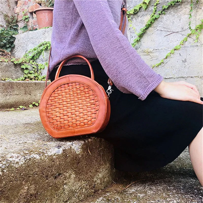 Handmade Womens Braided Round Leather Cross Shoulder Bag Side Bag for Womens