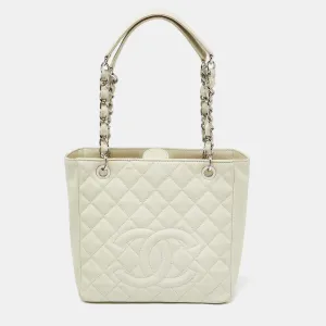 Ivory Quilted Caviar Leather Petite Shopping Tote