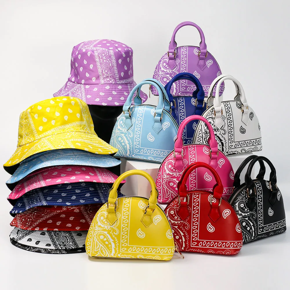 Ladies bandana paisley design bucket hat handbag set