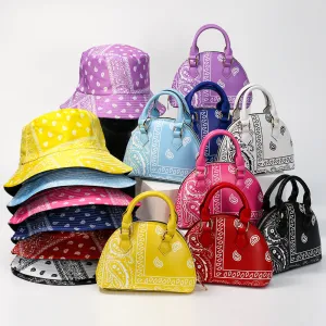 Ladies bandana paisley design bucket hat handbag set