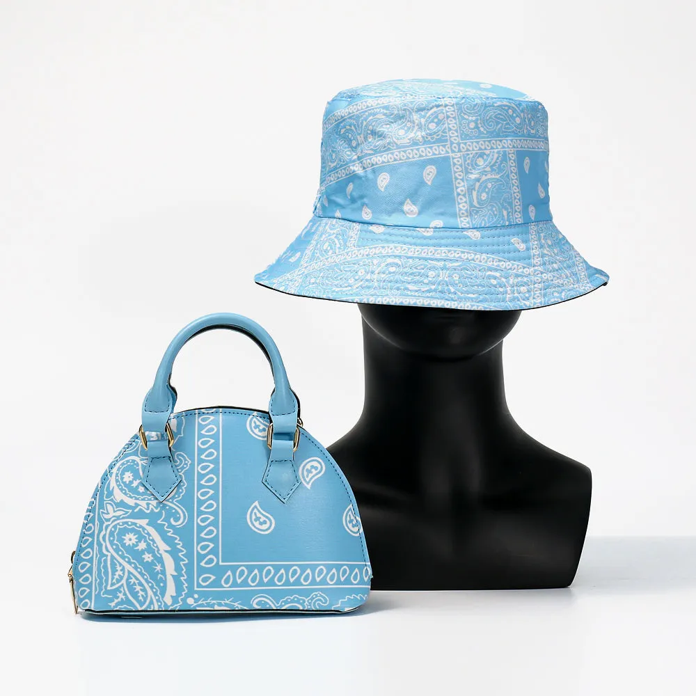 Ladies bandana paisley design bucket hat handbag set