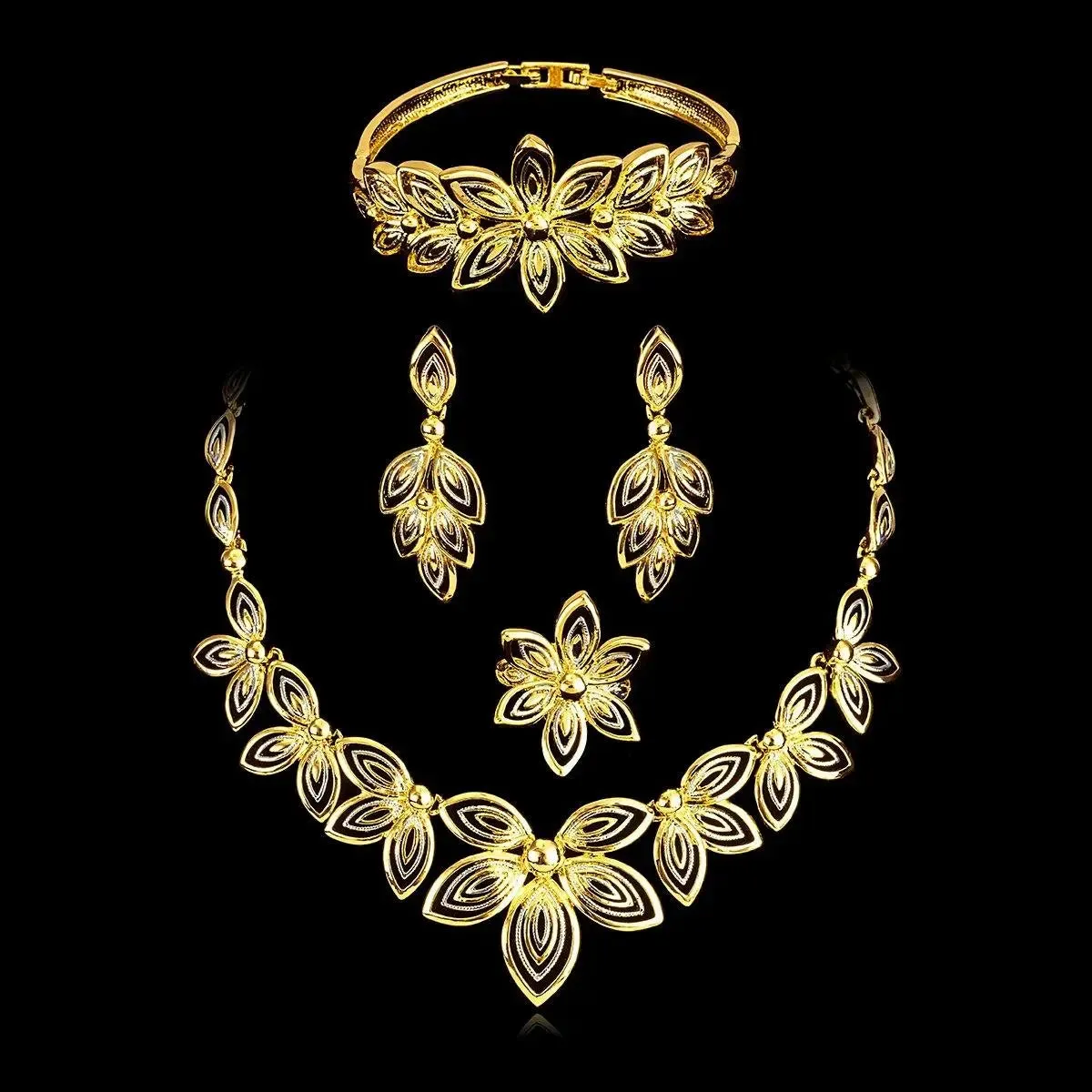 Latest Rose Design Gold Plated Rose Gold Beautiful Necklace Jewellery Complete Set