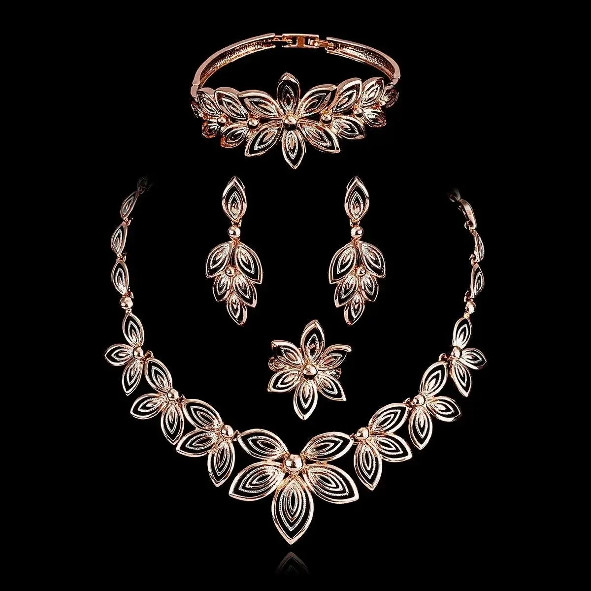 Latest Rose Design Gold Plated Rose Gold Beautiful Necklace Jewellery Complete Set