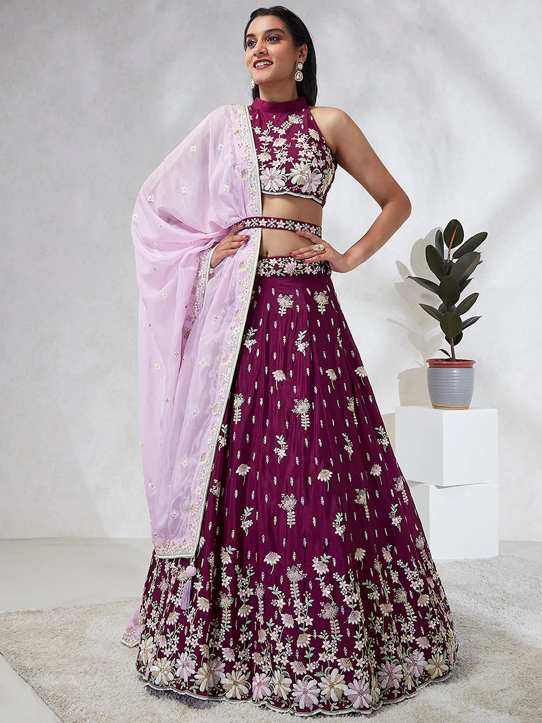 Luxurious Burgundy Sequinned Lehenga Choli Set - Embroidered Elegance
