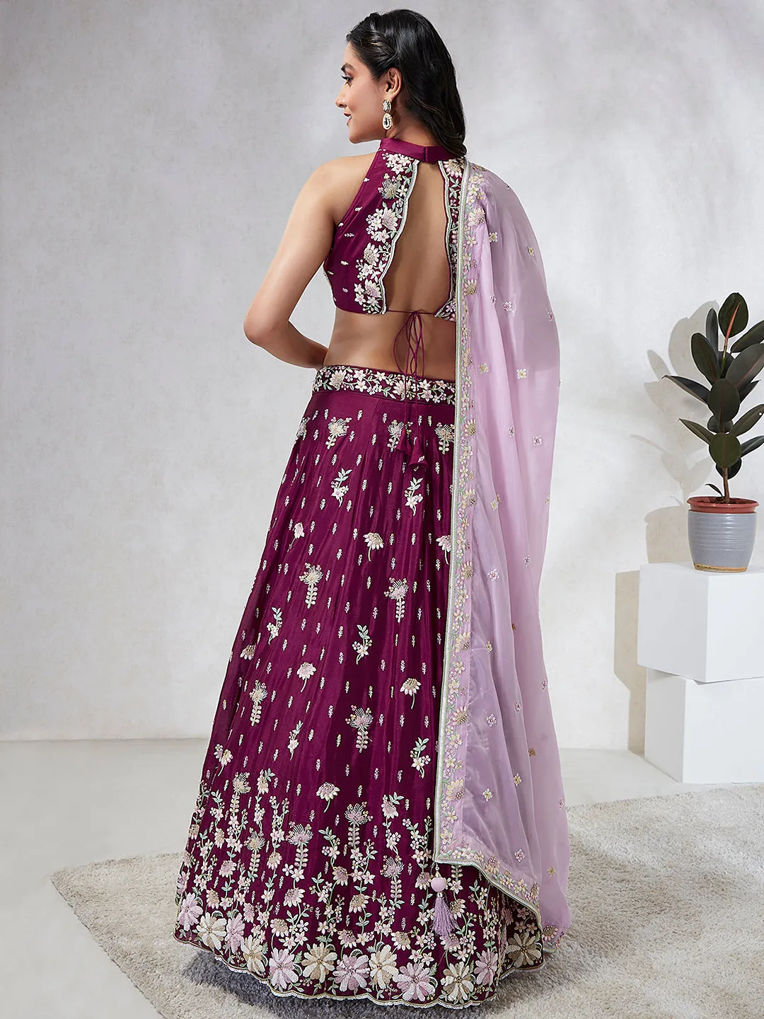 Luxurious Burgundy Sequinned Lehenga Choli Set - Embroidered Elegance