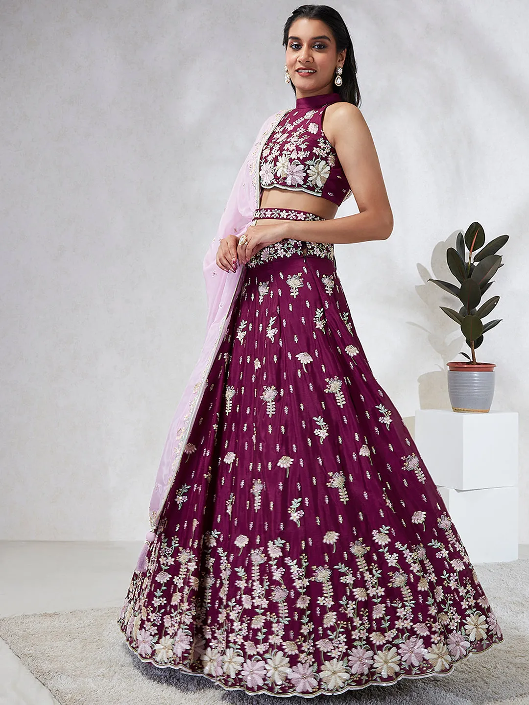 Luxurious Burgundy Sequinned Lehenga Choli Set - Embroidered Elegance