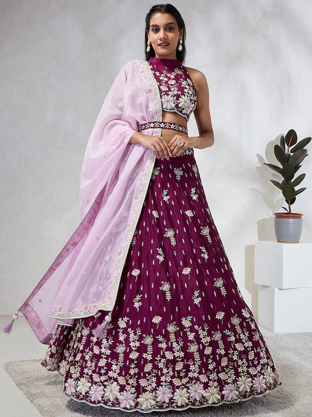 Luxurious Burgundy Sequinned Lehenga Choli Set - Embroidered Elegance