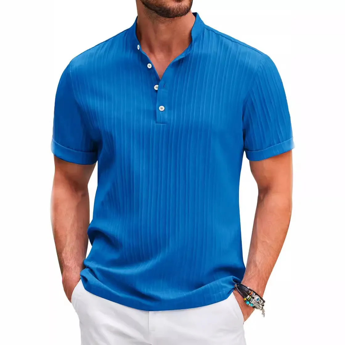 MEN'S  COTTON  LINEN STRIPED HENRY SHIRT