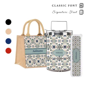 Moroccan Talavera Glaze Tiffin Carrier, Jute Tote Bag  & Cutlery Set [FREE Custom Add Name]
