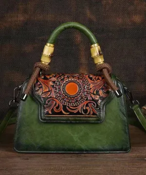 New Green Hand Carved Retro Chinese Style Tote Handbag HJ1007