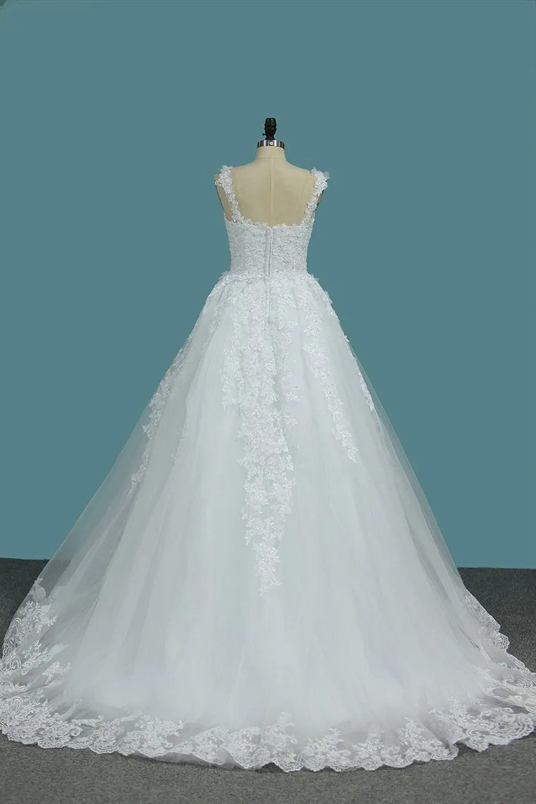 Off The Shoulder A Line Tulle Wedding Dresses With Applique Court Train