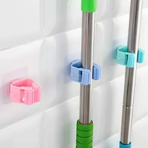 Pack of 3 Wall Mounted Stick Handle Mop And Broom Hook Holder Organiser With Glue Sticker (Random)