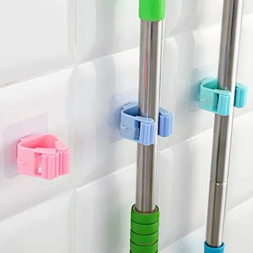 Pack of 3 Wall Mounted Stick Handle Mop And Broom Hook Holder Organiser With Glue Sticker (Random)