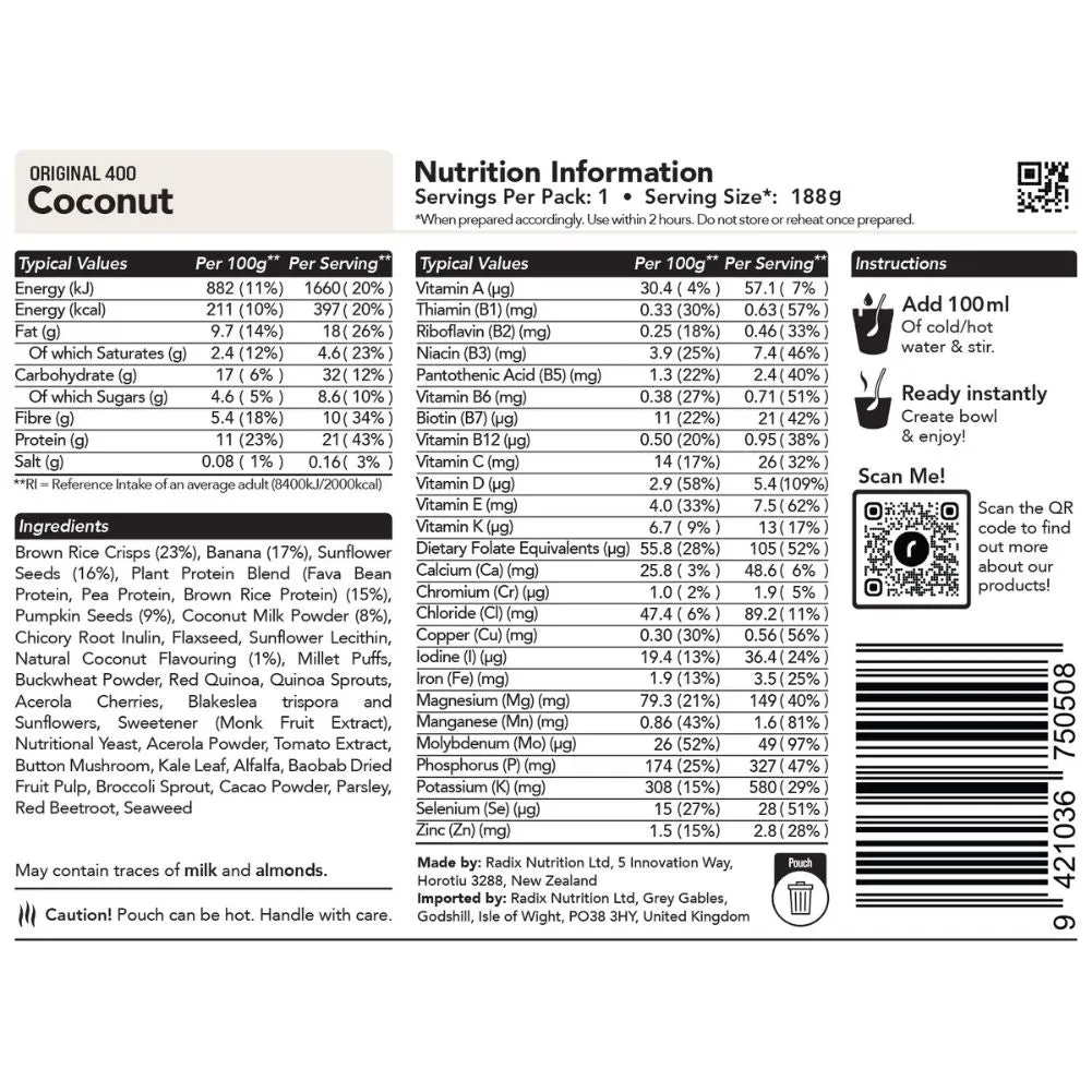Radix Nutrition Original Breakfast v9.0 - 400Kcal (Coconut)