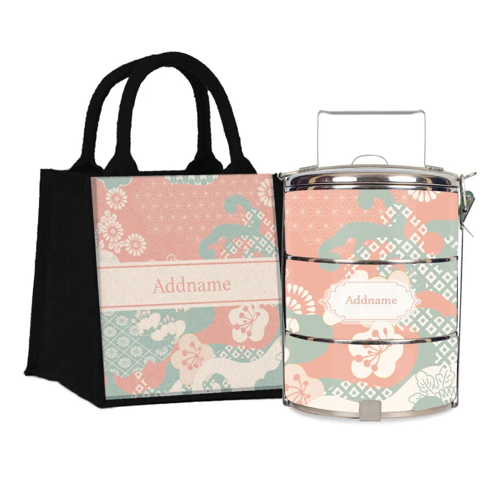 Rosy Cherry Blossom Oriental Series 3-Tier Standard Medium 14cm Tiffin Carrier [FREE Custom Add Name]